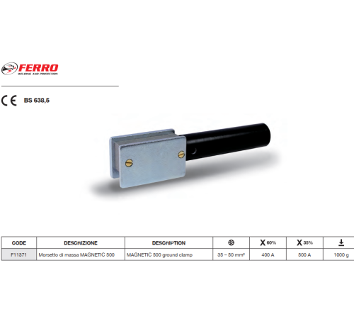 Зажим заземления FERRO AZIA 500А магнитный MAGNETIC 500 F11371