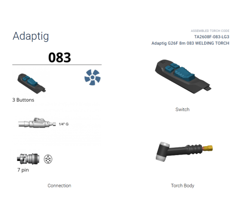 Горелка аргонодуговая Adaptig G26F 8m 083 (аналог TX225G8)_Trafimet