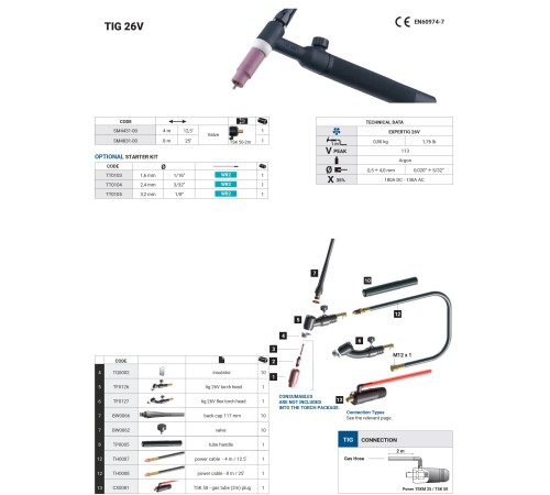 Горелка аргонодуговая TIG 26V 4M TSK50-2M_Trafimet