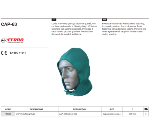 Подшлемник сварочный Ferro (хлопок+PROBAN) CAP-63 F12063