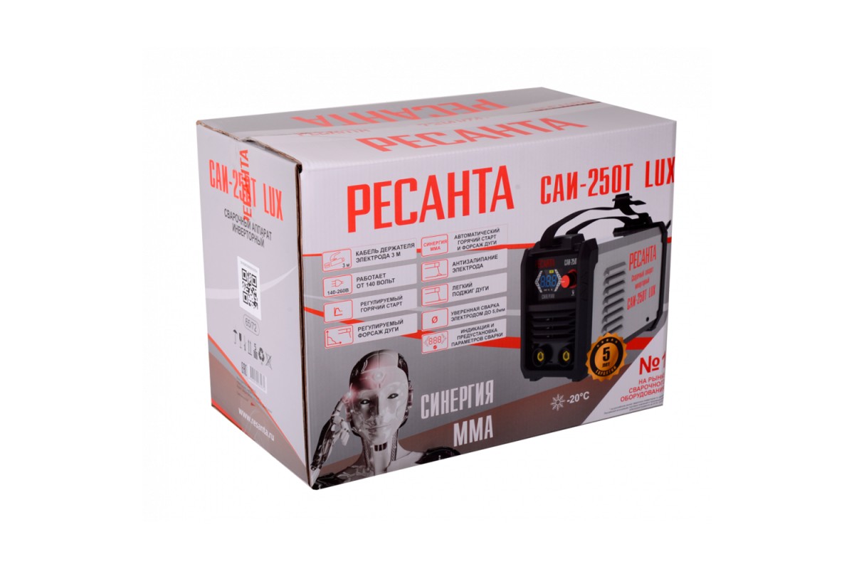 Аппарат сварочный РЕСАНТА САИ-190T LUX (ΜΜΑ, 220 Β, 10-190Α, ΠΗ 70%, 3,3 кг), комплект А 65/70