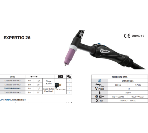 Горелка аргонодуговая EXPERTIG 26/4M FLEX TSK50 1/4G (Air 180A DC-150A AC)_Trafimet AZIA