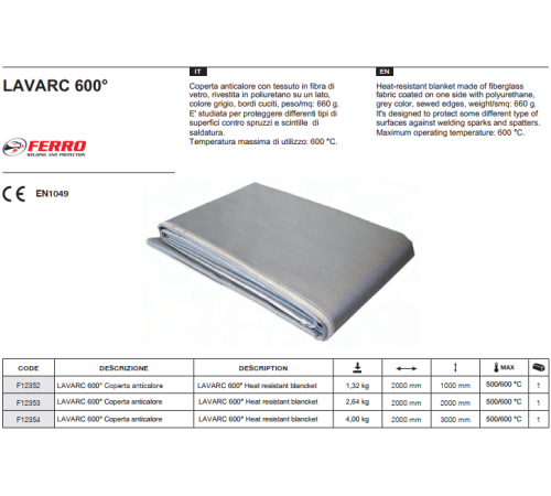 Покрывало сварочное LAVARC 600° 2x2m _FERRO